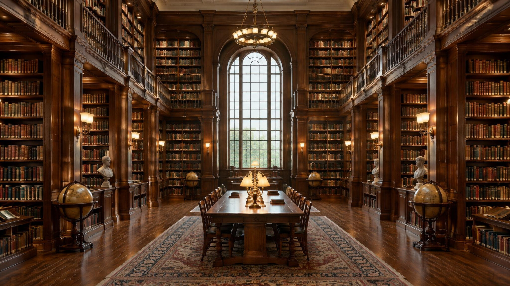 Grand library with tall bookshelves and warm light