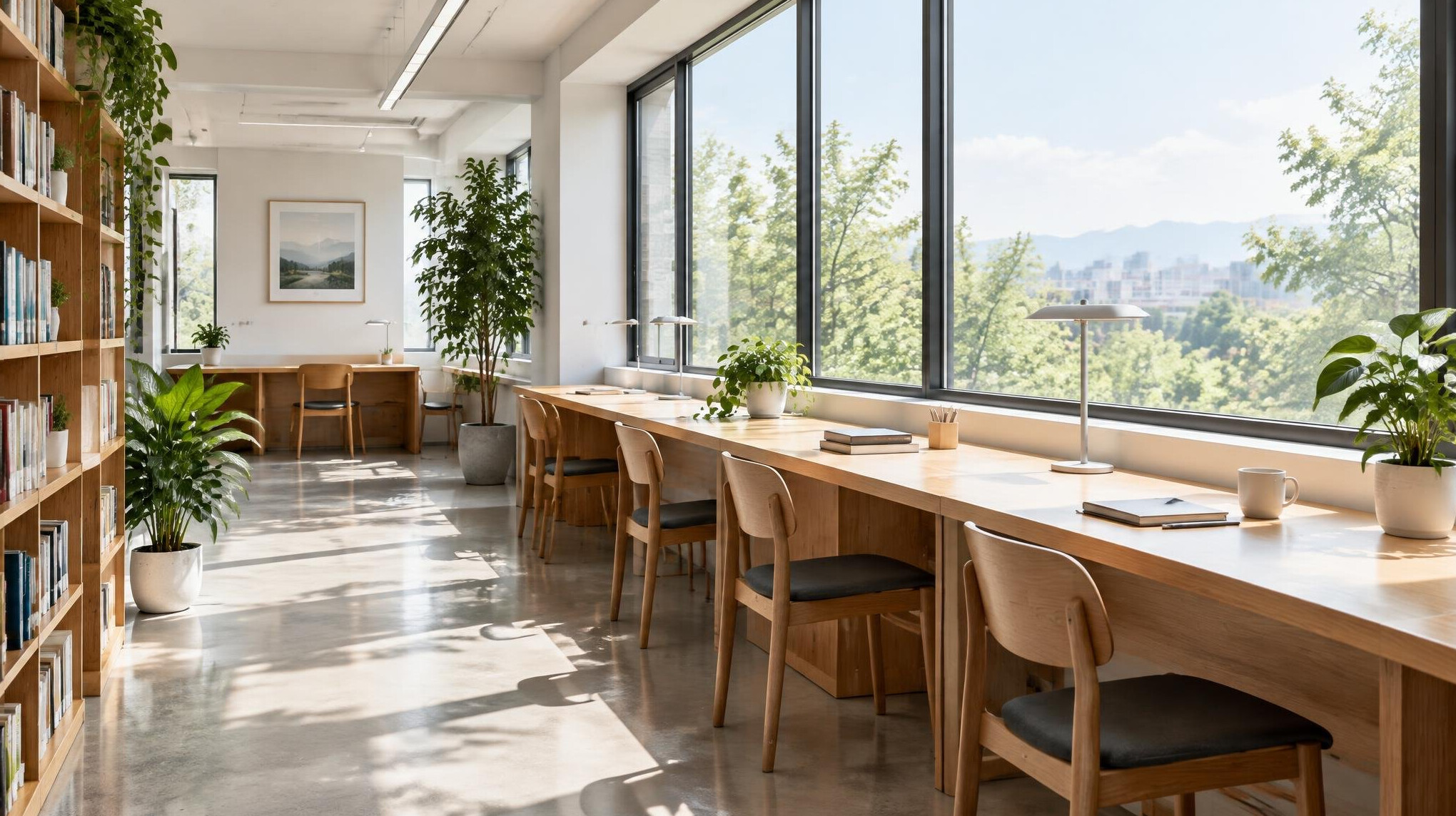 Bright minimalist workspace with large windows and desks