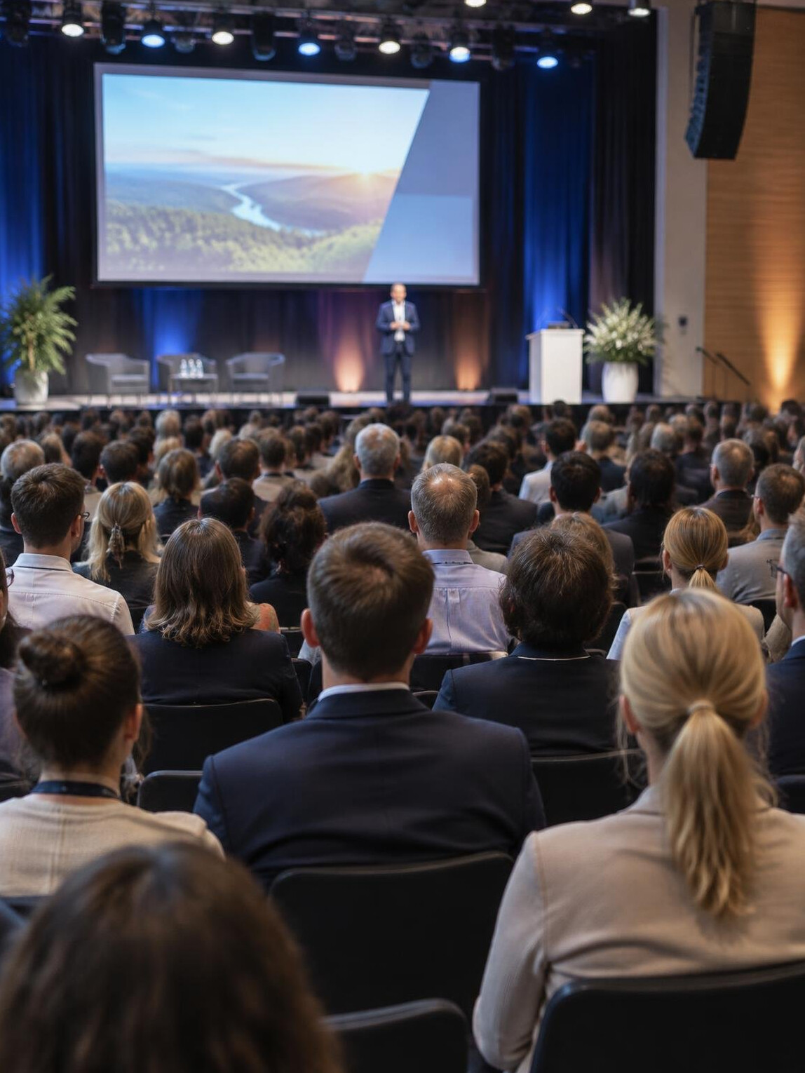 Conference auditorium with audience seen from behind